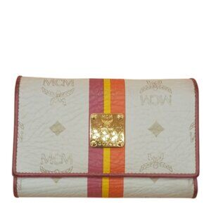 MCM White Multicolor Wallet with hot pink, yellow, and orange stripes